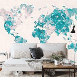 Papier Peint Mappemonde Aquarelle Turquoise & Rose – Image 3