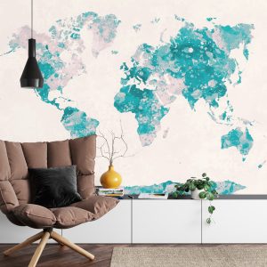 Papier Peint Mappemonde Aquarelle Turquoise & Rose – Image 4