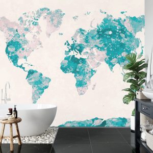 Papier Peint Mappemonde Aquarelle Turquoise & Rose – Image 5