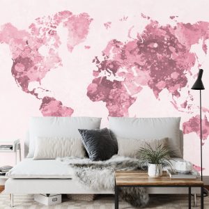 Papier Peint Carte Du Monde Aquarelle Rouge – Image 3