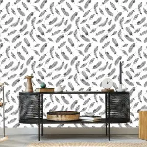 Papier Peint Rétro - Plumes Noires Sur Fond Blanc – Image 5