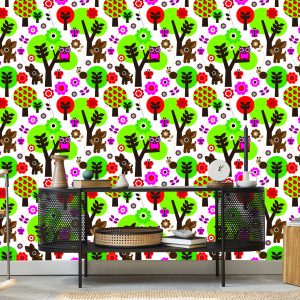 Papier Peint Pour Les Enfants - Animaux De La Forêt, Fleurs Colorées Et Arbres – Image 5