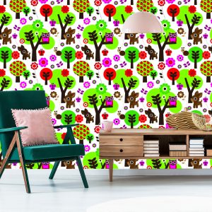 Papier Peint Pour Les Enfants - Animaux De La Forêt, Fleurs Colorées Et Arbres – Image 6