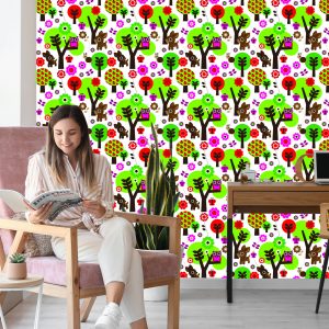 Papier Peint Pour Les Enfants - Animaux De La Forêt, Fleurs Colorées Et Arbres – Image 7