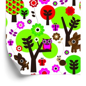 Papier Peint Pour Les Enfants - Animaux De La Forêt, Fleurs Colorées Et Arbres – Image 2