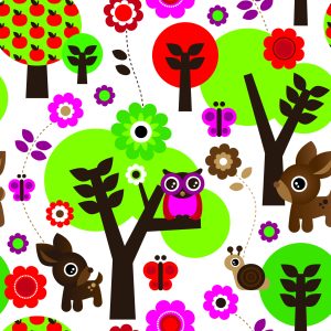 Papier Peint Pour Les Enfants - Animaux De La Forêt, Fleurs Colorées Et Arbres – Image 1