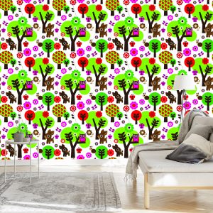 Papier Peint Pour Les Enfants - Animaux De La Forêt, Fleurs Colorées Et Arbres – Image 3