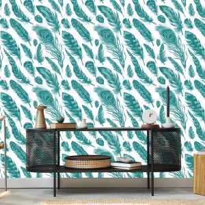 Papier Peint Plumes Turquoise Sur Fond Blanc – Image 5
