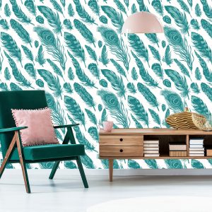 Papier Peint Plumes Turquoise Sur Fond Blanc – Image 6