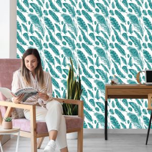 Papier Peint Plumes Turquoise Sur Fond Blanc – Image 7