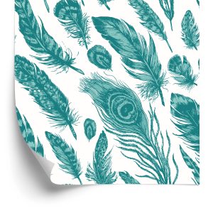 Papier Peint Plumes Turquoise Sur Fond Blanc – Image 2