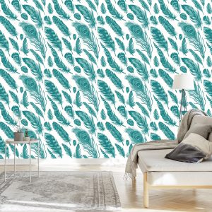 Papier Peint Plumes Turquoise Sur Fond Blanc – Image 3