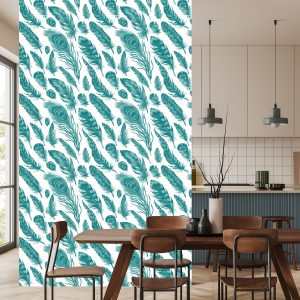 Papier Peint Plumes Turquoise Sur Fond Blanc – Image 4