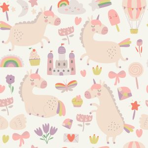 Papier Peint Pour Les Enfants - Licornes, Bonbons Et Plantes – Image 1
