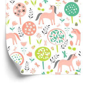 Papier Peint Pour Les Enfants - Licornes Et Plantes Colorées – Image 2