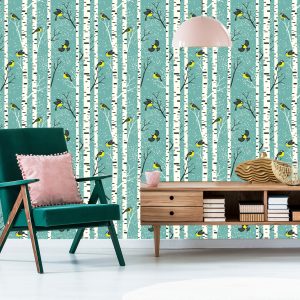 Papier Peint Bouleaux Et Oiseaux Colorés En Hiver – Image 6