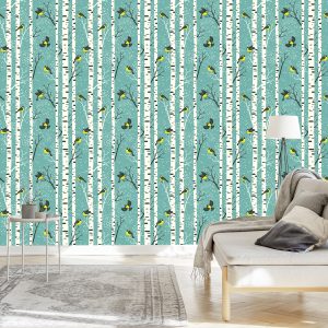 Papier Peint Bouleaux Et Oiseaux Colorés En Hiver – Image 3