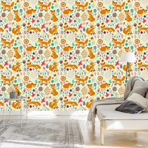Papier Peint Pour Les Enfants - Renards, Oiseaux Et Fleurs – Image 3