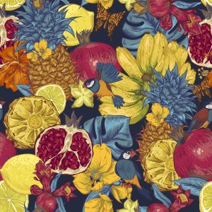 Papier Peint Fruits Exotiques, Fleurs Et Oiseaux – Image 1