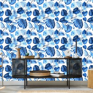 Papier Peint Feuilles Et Fleurs Tropicales Bleues – Image 5