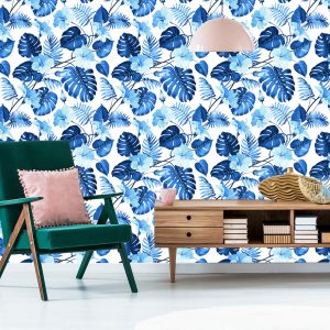 Papier Peint Feuilles Et Fleurs Tropicales Bleues – Image 6