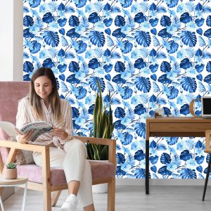 Papier Peint Feuilles Et Fleurs Tropicales Bleues – Image 7