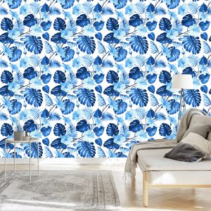 Papier Peint Feuilles Et Fleurs Tropicales Bleues – Image 3