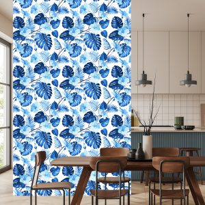Papier Peint Feuilles Et Fleurs Tropicales Bleues – Image 4