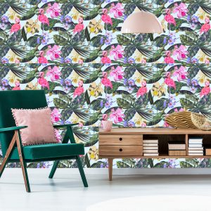 Papier Peint Flamants Roses Fleurs Feuilles Nature – Image 6