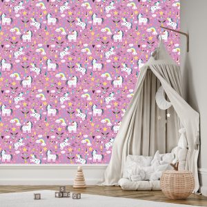 Papier Peint Les Licornes Nuages ​​À La Chambre Des Filles – Image 3