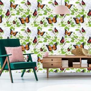 Papier Peint Papillons, Fleurs, Feuilles, Branches, Pour Un Salon – Image 6