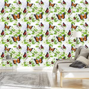 Papier Peint Papillons, Fleurs, Feuilles, Branches, Pour Un Salon – Image 3