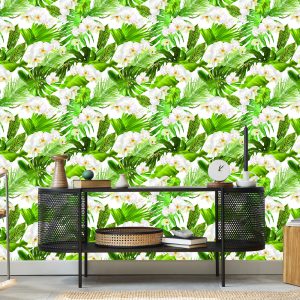 Papier Peint Fleurs D'orchidées Vertes De La Nature Pour Le Salon – Image 5