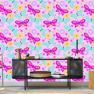 Papier Peint Pour Les Enfants, Papillons Colorés, Fleurs, Plantes – Image 5