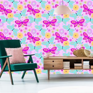 Papier Peint Pour Les Enfants, Papillons Colorés, Fleurs, Plantes – Image 6