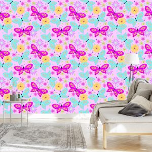 Papier Peint Pour Les Enfants, Papillons Colorés, Fleurs, Plantes – Image 3