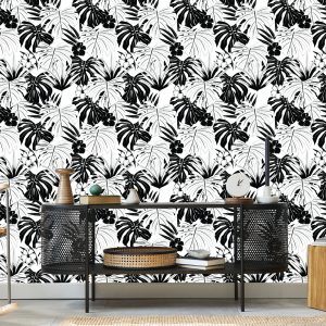 Papier Peint Feuilles Tropicales Noires Et Blanches – Image 5