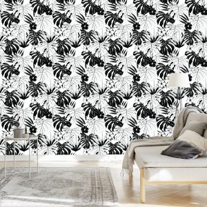 Papier Peint Feuilles Tropicales Noires Et Blanches – Image 3