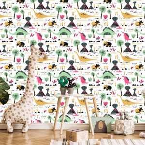 Papier Peint Dinosaures Volcans Feuilles Chambre Garçon – Image 5