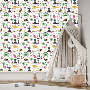 Papier Peint Dinosaures Volcans Feuilles Chambre Garçon – Image 3