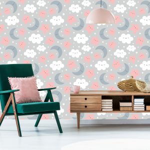 Papier Peint Pour Les Enfants - Nuages ​​Et Étoiles Souriants – Image 6