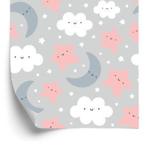 Papier Peint Pour Les Enfants - Nuages ​​Et Étoiles Souriants – Image 2