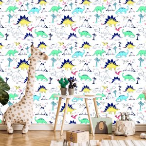 Papier Peint Pour Les Enfants Dinosaures Palmiers Volcan – Image 5