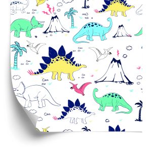 Papier Peint Pour Les Enfants Dinosaures Palmiers Volcan – Image 2