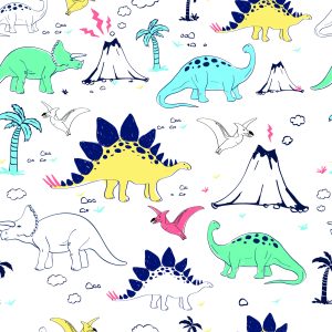 Papier Peint Pour Les Enfants Dinosaures Palmiers Volcan – Image 1