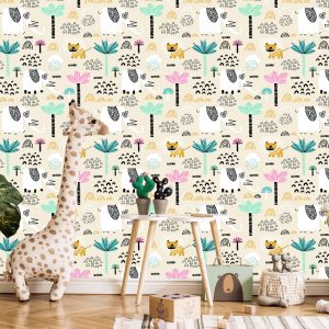 Papier Peint Safari Lions Pastel Arbres Chambre Garçon – Image 5