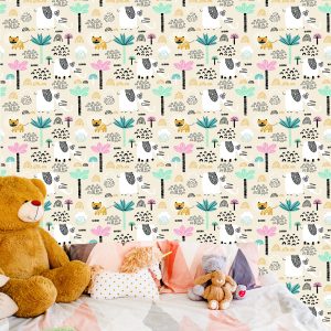 Papier Peint Safari Lions Pastel Arbres Chambre Garçon – Image 6