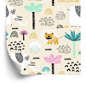 Papier Peint Safari Lions Pastel Arbres Chambre Garçon – Image 2