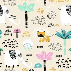 Papier Peint Safari Lions Pastel Arbres Chambre Garçon – Image 1