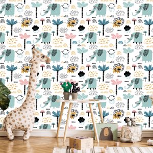 Papier Peint Savane Lions Éléphants Arbres Garçon Chambre – Image 5